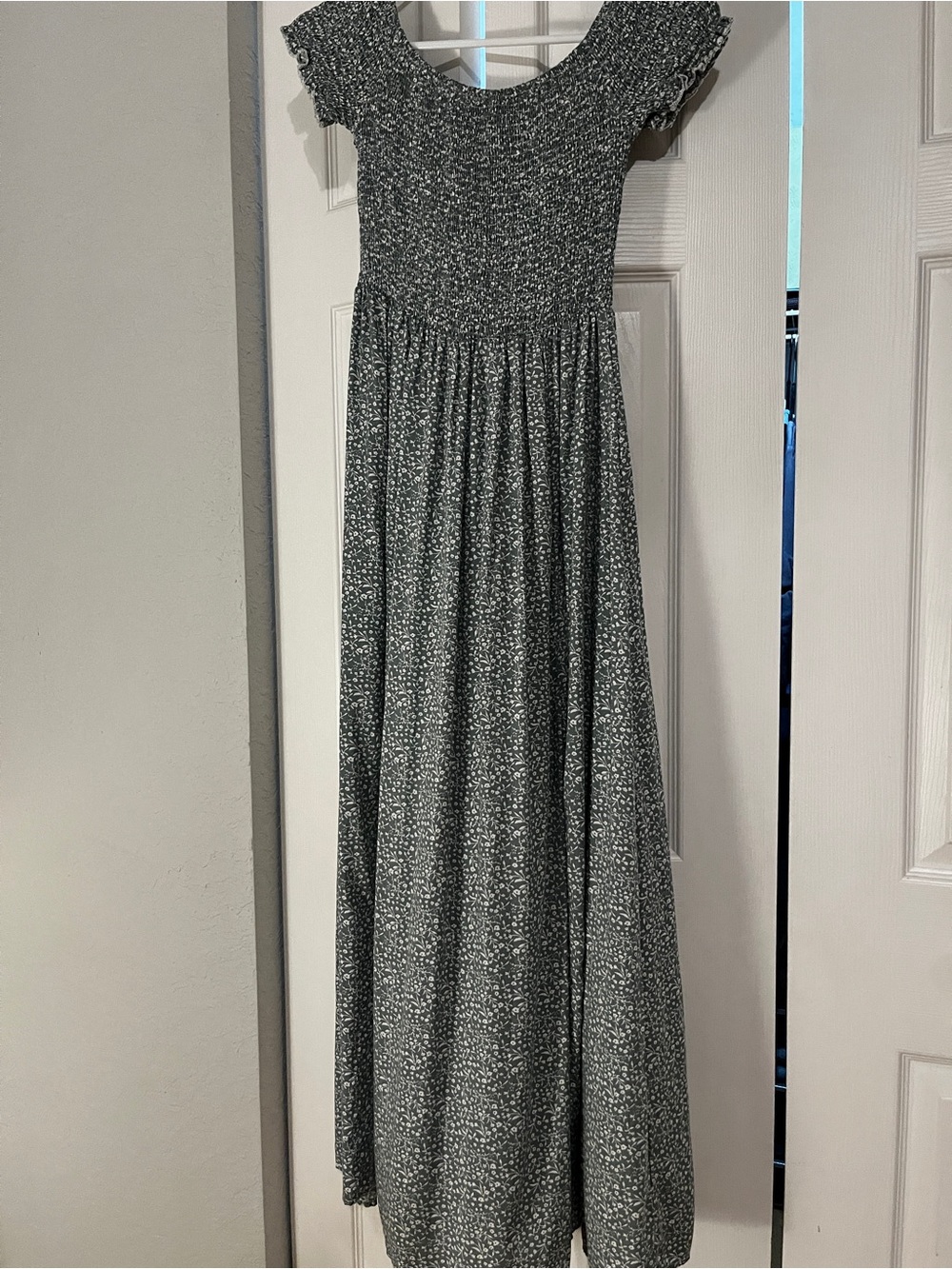 Smocked Maxi Dress in Charcoal / Green Floral with Flutter Sleeves